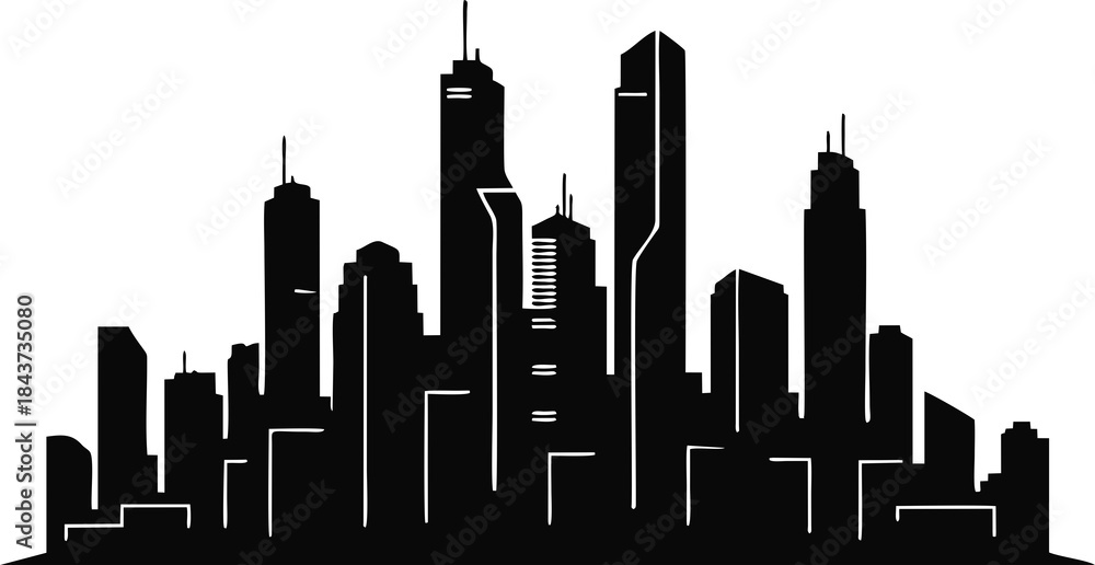 Fototapeta premium Black and White Silhouette of a City Skyline at Dusk