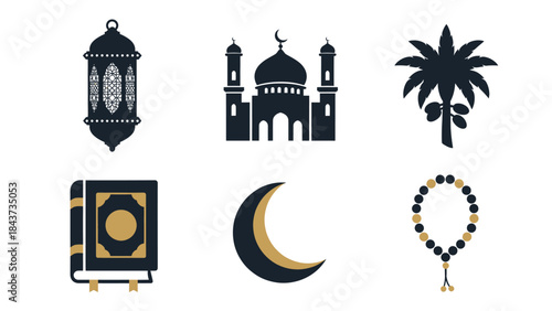 A collection of six Islamic symbols and icons including a mosque, lantern, Quran, date palm, crescent moon, and prayer beads, representing religious traditions.