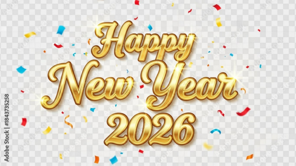 Fototapeta premium Golden Year Celebration: A dazzling greeting for the upcoming year 2026, crafted in elegant gold script, with colorful confetti that floats to herald the arrival of new beginnings.