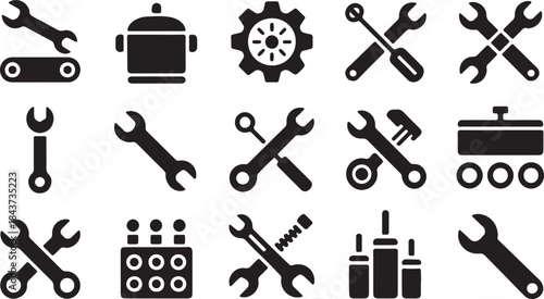 Set of Black Icons Representing Tools and Mechanical Components wrench spanner
