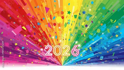 A Burst of Color: 2026: A vibrant and dynamic display of colors radiates outward, encompassing festive confetti, promising a year filled with possibilities and excitement.