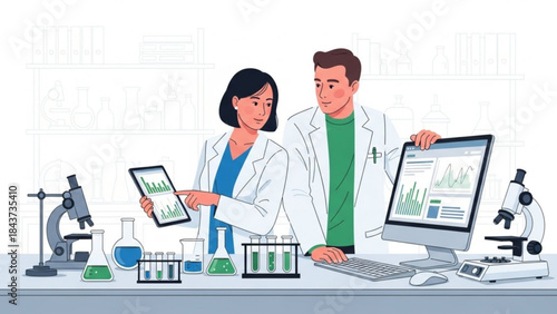 Science Team Analyzing Data: A focused team of scientists, collaborating in a cutting-edge laboratory environment. they are meticulously analyzing data displayed on a tablet and computer.