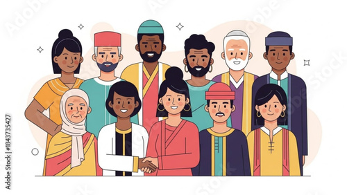 Unity in Diversity: A vibrant illustration showcasing a diverse group of individuals standing together, representing global unity and understanding. Capturing a spirit of inclusivity and equality.