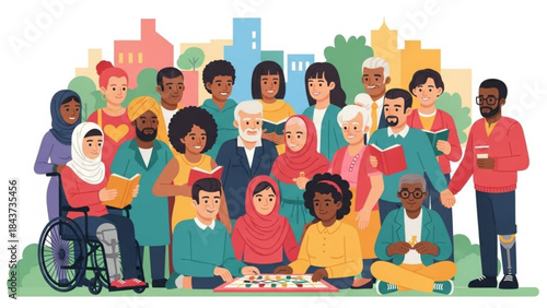 Harmony of Diversity: A vibrant illustration showcasing a diverse group of individuals united together, representing the beauty of inclusivity and shared humanity.