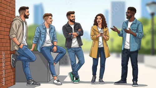 Urban Ensemble: A gathering of diverse young people, stylishly dressed in casual attire, engage in animated conversation, set against the backdrop of an urban landscape. 