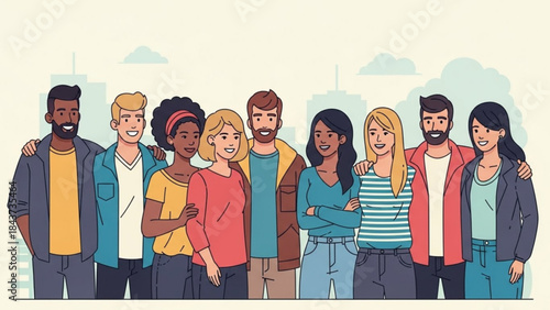 Diverse Group Portrait: A group of friends of different descents stand shoulder to shoulder, radiating camaraderie against a soft, pastel backdrop. This illustration captures the spirit of unity.