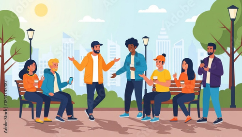 Friendly Park Gathering: A diverse group of friends gathered in a park, engaged in lively conversations and shared moments of connection, creating a sense of community and leisure.