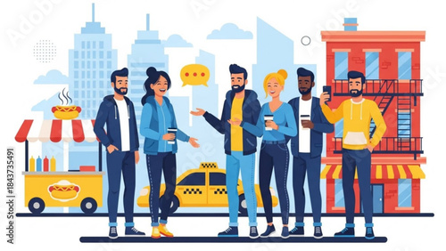 Urban Ensemble: A group of individuals converse amidst a vibrant cityscape, with elements such as food stall, taxi, and architectural landscape.