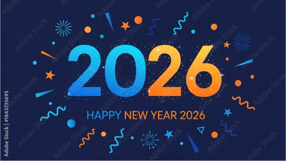 Naklejka premium Happy New Year 2026 festive graphic with 3 fireworks for the New Year.