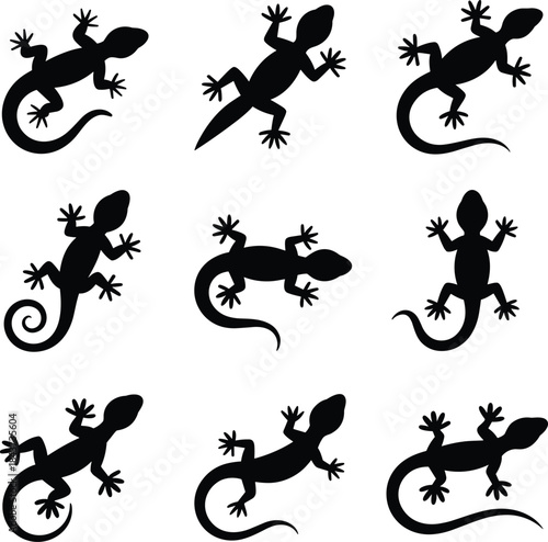 A collection of black gecko lizard silhouettes in different poses and orientations for graphic design