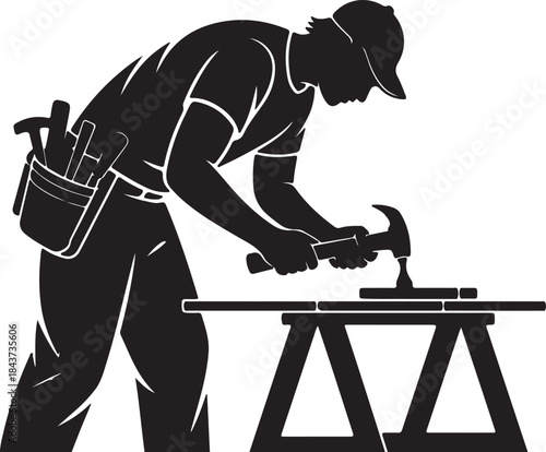 Silhouette of a Carpenter Working with a Hammer and Saw on a Sawhorse Keywords: carpenter, builder, construction, worker, man, male, silhouette, tool belt, hammer