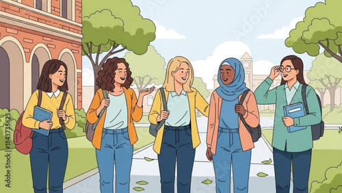 Campus camaraderie: A group of female students walk and socialize on a university campus, each of them sharing a smile, enjoying their time together.