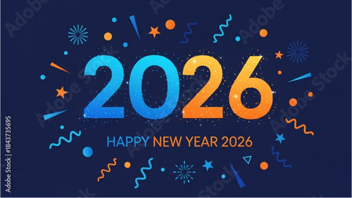 Happy New Year 2026 festive graphic with 3 fireworks for the New Year.