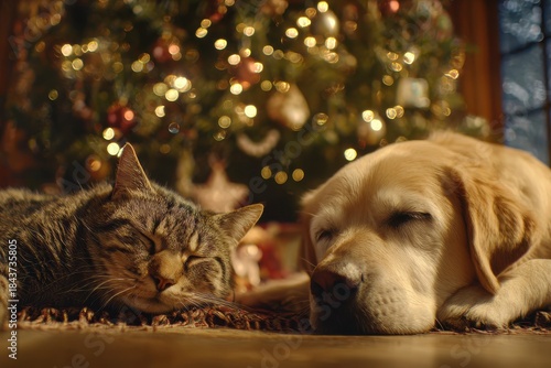 Cat and Dog Resting by Christmas Tree