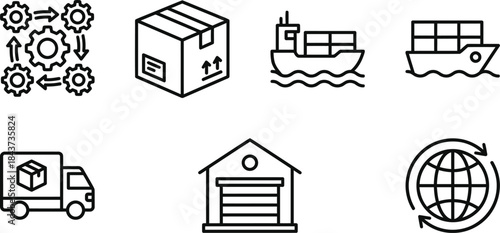 Global Logistics Icons: Visual representation of worldwide shipping and logistical systems, symbolizing efficiency in worldwide trade and commerce. 