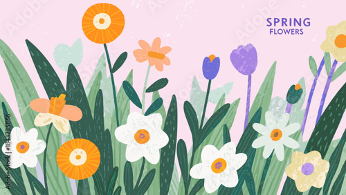 Whimsical spring flowers and greenery on a soft pink background