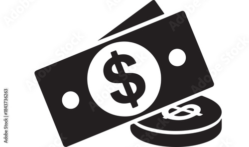 Dollar Bill and Coins Black Silhouette Icon Isolated on White Background