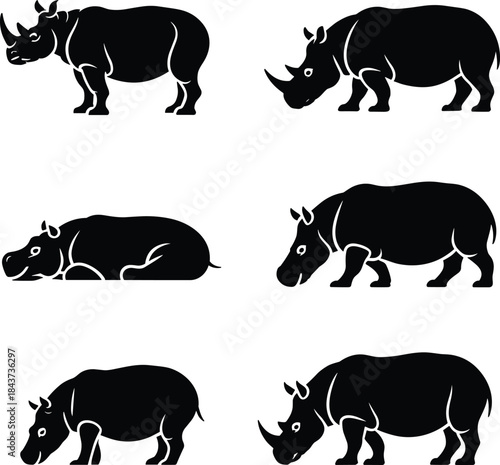 A collection of black silhouette rhinoceros icons in various poses