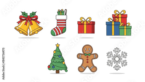Christmas icons including bells, stocking, gifts, tree, gingerbread man, and snowflake