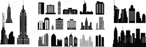 Urban city skyline silhouette collection featuring diverse architectural styles, modern buildings, skyscrapers, residential towers, and iconic cityscape elements