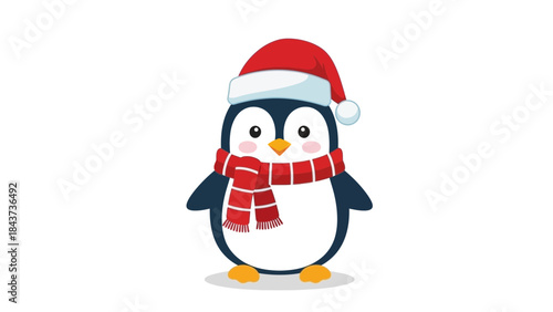 Adorable cartoon penguin wearing a red santa hat and scarf