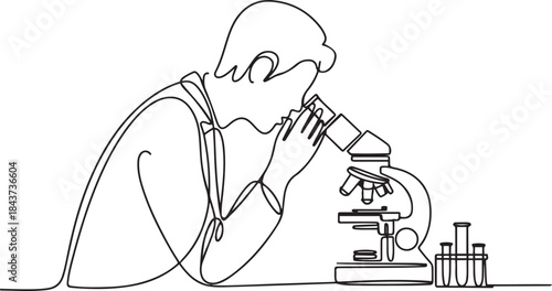 A continuous line art drawing of a scientist observing through a microscope in a laboratory.one line  vector illustration  with out background