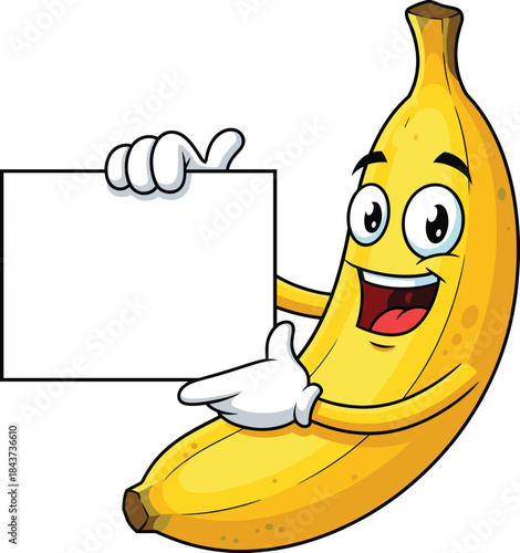 Smiling cartoon banana character holding blank signboard vector illustration for marketing, advertising, promotion, and fun food concepts