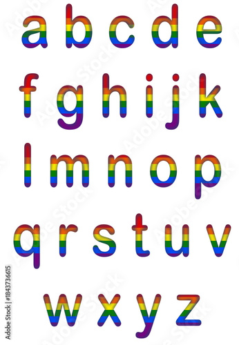 A set of small letters A to Z rounded edges in Pride theme colors of red, orange, yellow, green, blue and purple, transparent background, png file.
