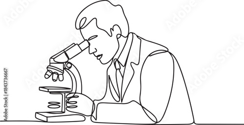 A continuous line art drawing of a scientist observing through a microscope in a laboratory.one line  vector illustration  with out background