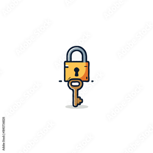 Simple depiction key interacts with golden hued padlock safeguarding against unauthorized access