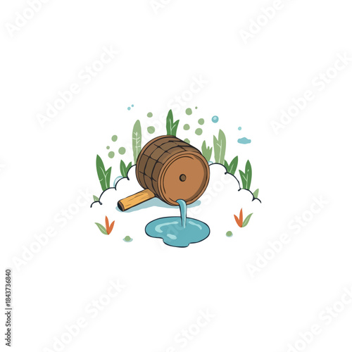 Simple depiction showcases a wooden barrel pouring a stream of clear water in a lush botanical