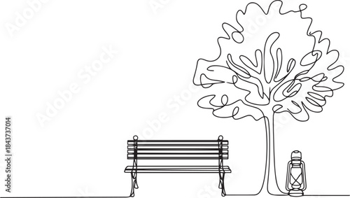 Bench in park near tree and lantern continuous.one line  vector illustration  with out background