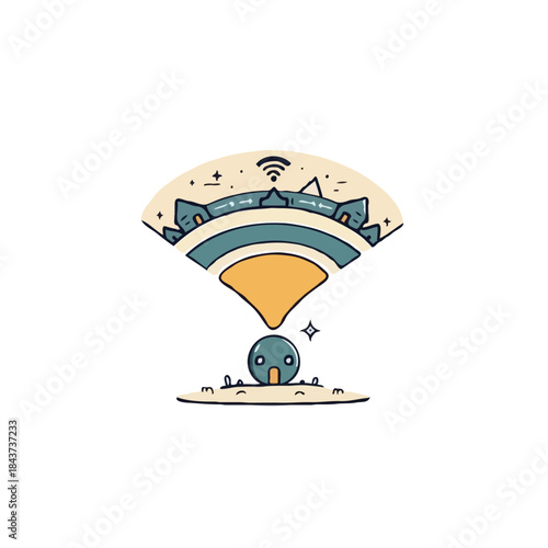 Whimsical illustration connecting civilization with the digital realm through wifi signal