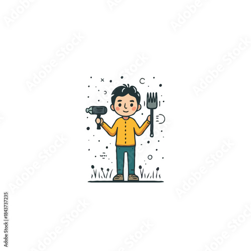 Whimsical illustration of a boy playfully balancing a hairdryer and fork creating a lighthearted