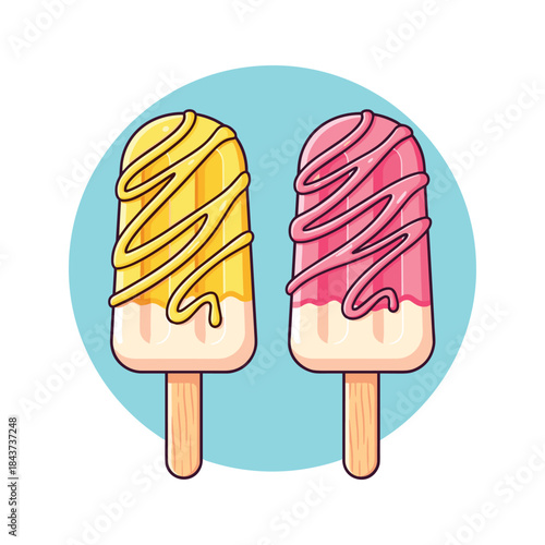 Colorful popsicles with drizzled topping on a stick