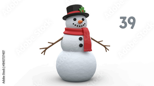 Three dimensional rendered snowman in winter season wearing red scarf and black hat with holly berries on top celebrating christmas holiday on white background