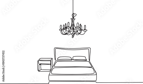 Continuous one line drawing of double bed and table and loft chandelier lamps.one line  vector illustration  with out background