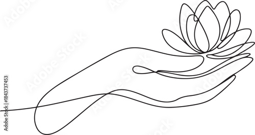 Continuous one line drawing of human hand with lotus flower.one line  vector illustration  with out background