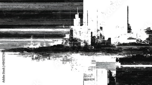 Distressed cityscape with abstract glitch effects