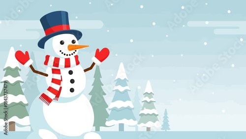 Happy snowman wearing a blue top hat, red and white striped scarf, and red mittens standing in a snowy forest landscape with pine trees