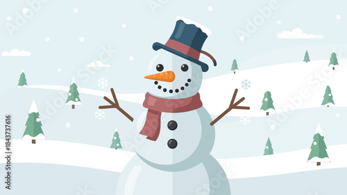 Winter wonderland scene with a cheerful snowman wearing a blue top hat and red scarf, surrounded by falling snowflakes and snow-covered pine trees on rolling hills