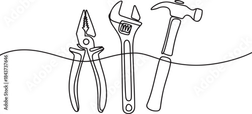 Continuous one line drawing of pliers, wrench, hammer - engineering equipment.one line  vector illustration  with out background