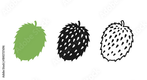 Minimalist illustration of three sets of soursop silhouettes, Symbolizing tropical freshness, flat vector design illustration.