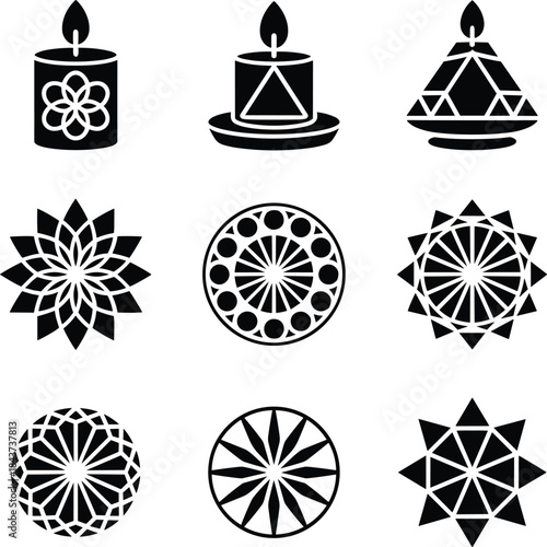 A collection of geometric symbols and spiritual icons, featuring candles and abstract patterns