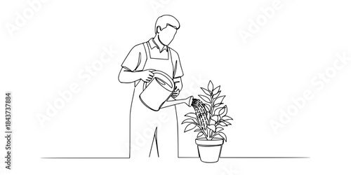 Gardener watering potted plant, a continuous line art drawing
