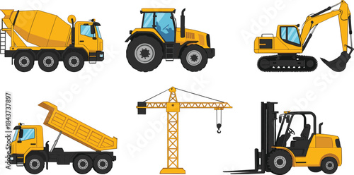 Construction machinery vector illustration set featuring excavator, forklift, crane, dump truck, concrete mixer, and tractor vehicles for industrial, building, and engineering projects