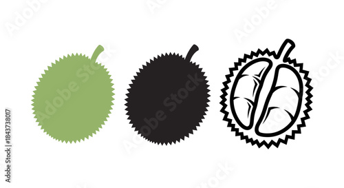 Minimalist illustration of three sets of durian silhouettes, symbolizing tropical richness, flat vector design illustration.