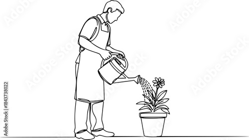 Gardener watering potted plant, a continuous line art drawing
