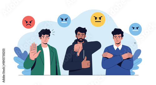 Three men show anger and disagreement in a tense scene with a raised hand thumbs down and arms crossed against a blue background with angry emoji faces.