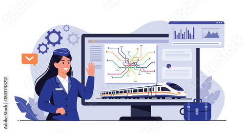 Female transportation analyst presents a modern transit planning dashboard showing a detailed metro map and a sleek high speed train on screen.